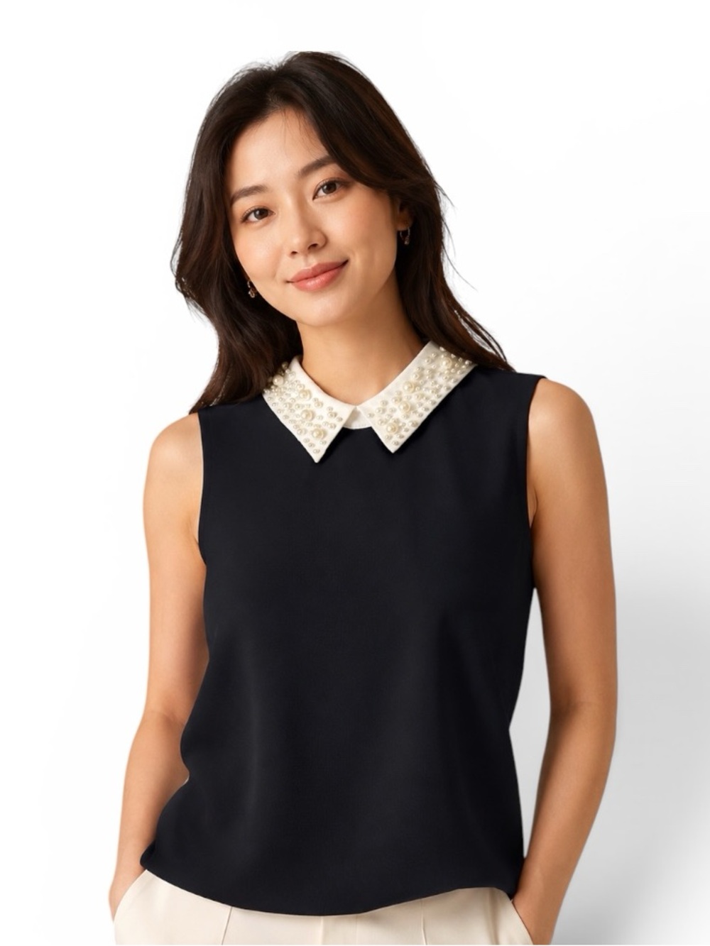 NEW Karl Lagerfeld Black Sleeveless Top Pearl Embellished Cream Collar Size XS
